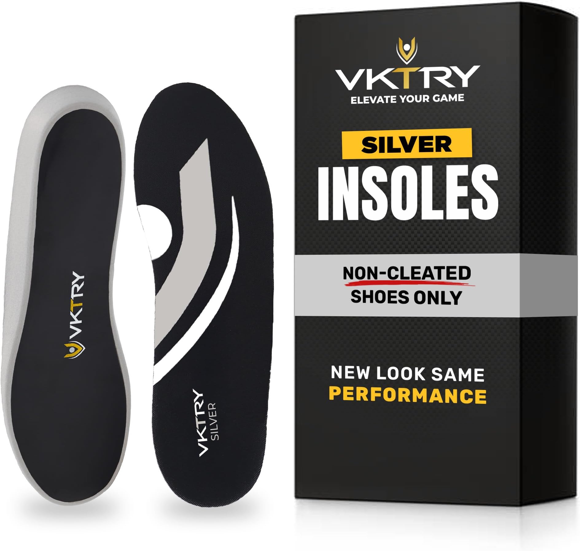 VKTRY Performance Insoles - Silver VKs - Carbon Fiber Shock Absorbing Sport Shoe Insoles for Amateur Running, Basketball, Athletics - Improved Explosiveness, Injury Protection and Recovery, Silver, US