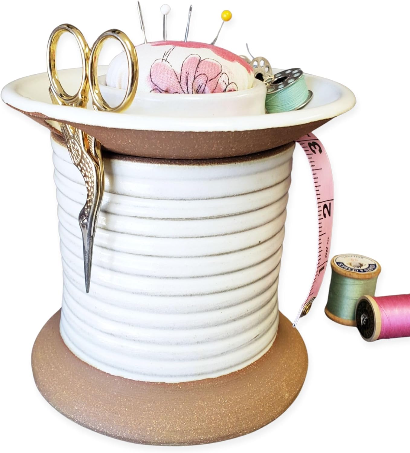 Sewing Station Caddy Pincushion Bobbin Storage Scissor Holder Craft Room Desk Organizer Spool White