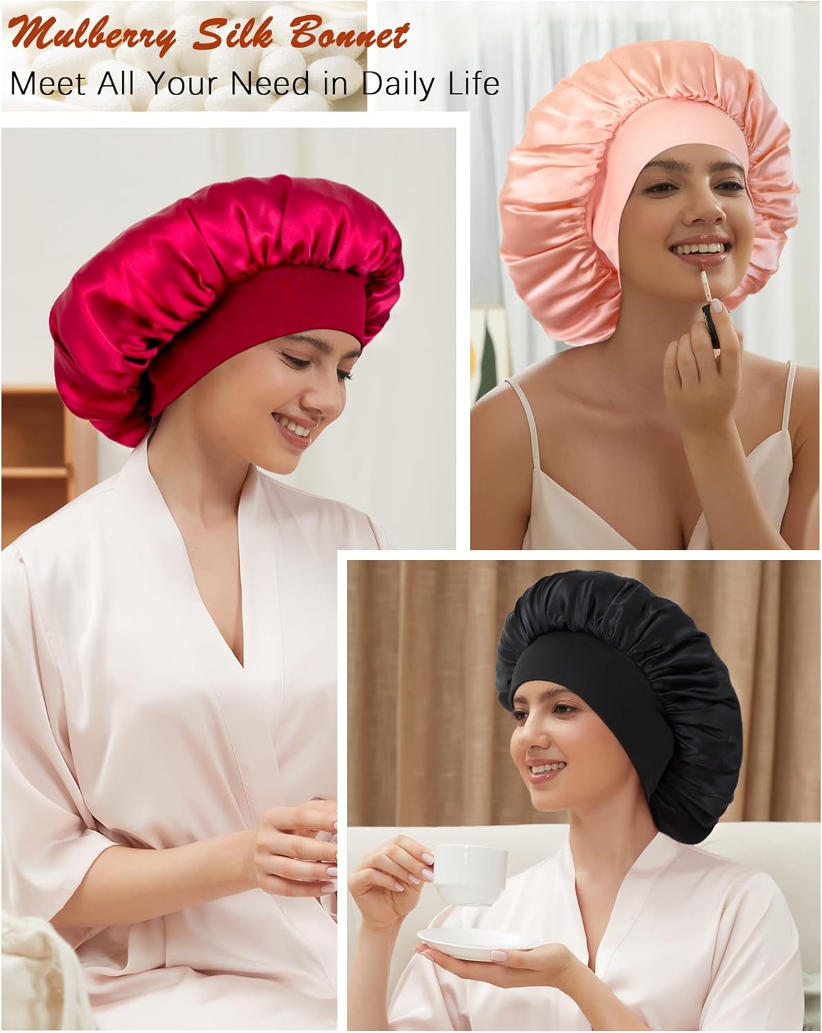 100% Mulberry Silk Bonnet for Sleeping Women, Real Pure Silk Bonnets, Double Layer Sleep Cap with Elastic Band for Curly Hair - Image 6
