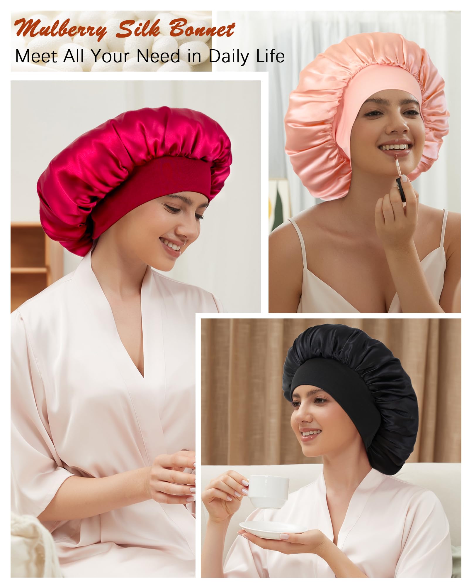 100% Mulberry Silk Bonnet for Sleeping, Double-Layer Hair Protection Cap