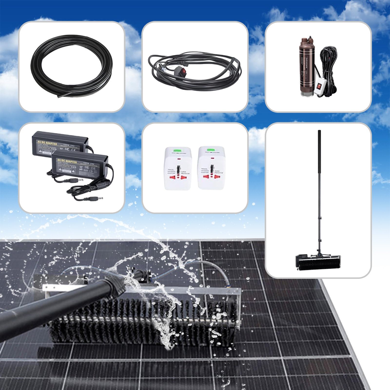 Automatisches Solarpanel-Reinigungsset – 360°-Drehbürste, 60 cm Teleskopstange, Fensterreiniger Für Den Außenbereich Mit Wasseranschluss, Nass- Und Trockenreinigung,5.5m/18ft-version