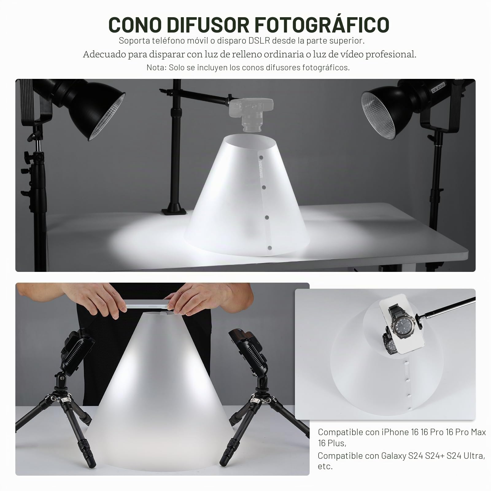 NEEWER Paquete de 3 Conos Luz (14"/15"/20"), Actualizado 0,5mm Grosor Difusor Flash Fotografía, Alternativa para Fotografía Joyería Fotografía Caja Luz, sin Sombras Reflejos, NK006