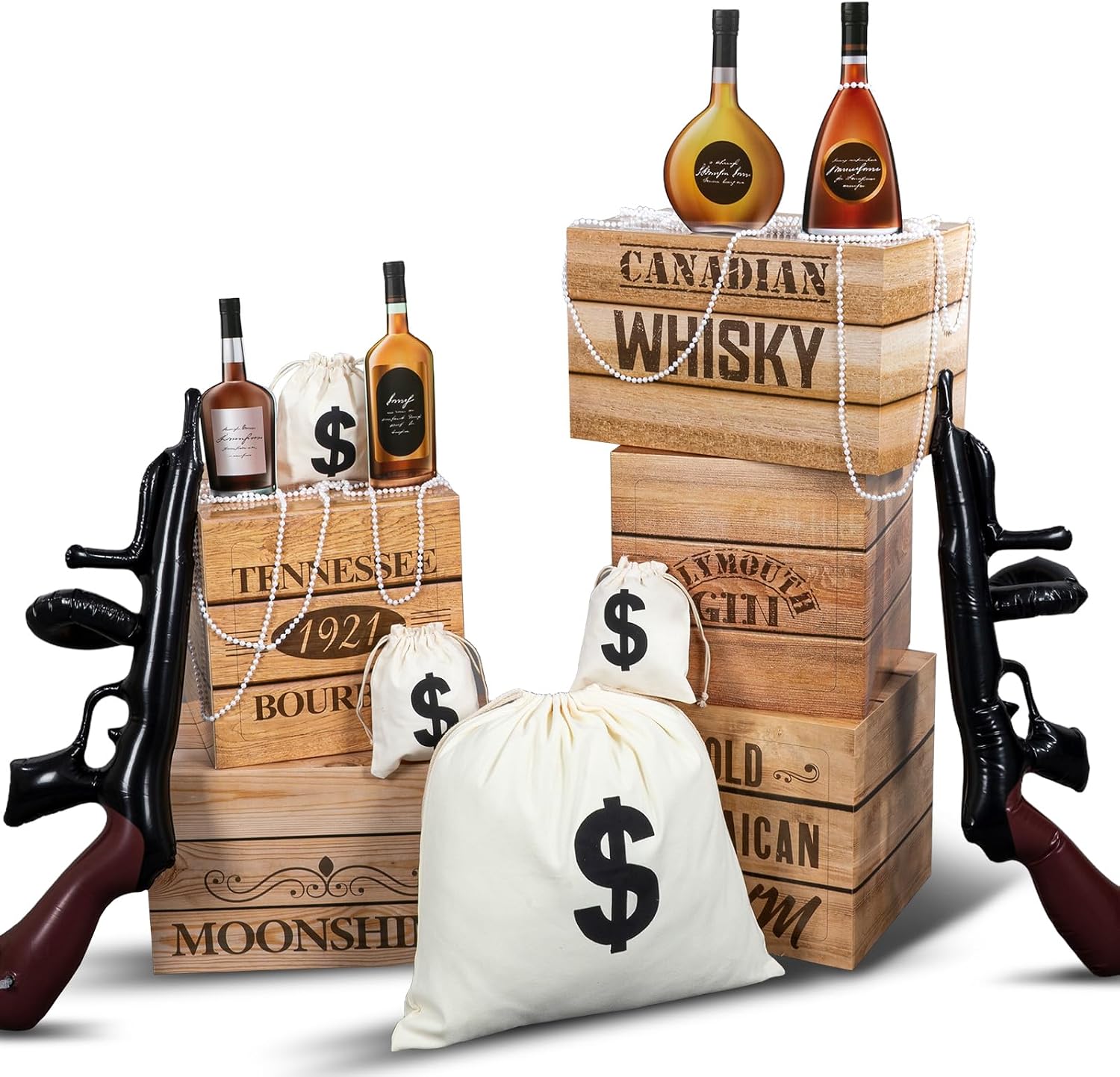 Tisancy 27 Pcs Roaring 20s Party Decorations 1920s Photo Backdrop Speakeasy Decor Including 5 Wood Grain Boxes 4 Whiskey Bottle Cardboard and 4 Dollar Sacks 2 Prop Guns 12 Pearl Necklace (Light Color)
