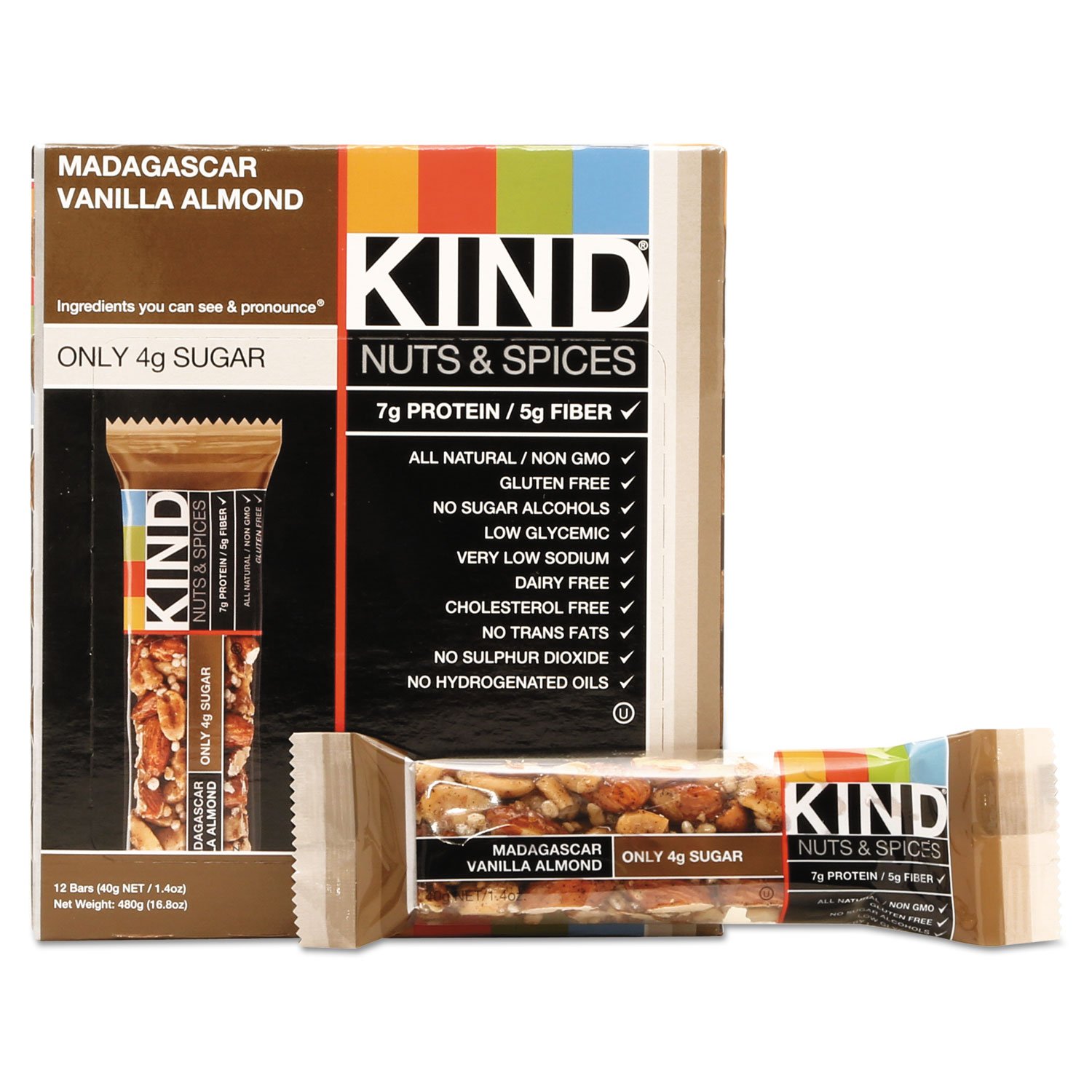 KIND Nuts & Spices, Madagascar Vanilla Almond, 12 Bars