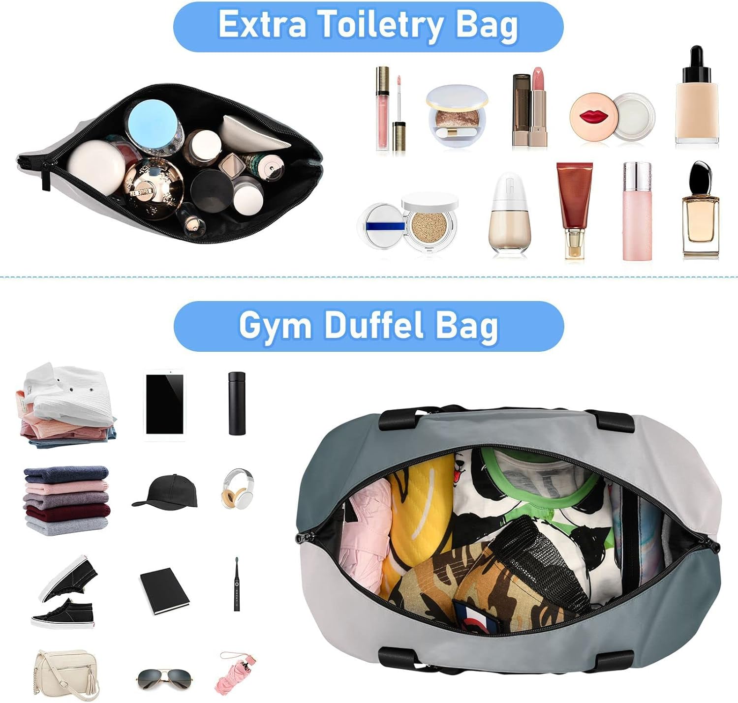 Grey Gradient Travel Duffle Bag for Women Men Sports Duffel Bag with Separate Shoe Compartment and Toiletry Organizer Dry Wet Separate Gym Bag for Travel Beach Gym