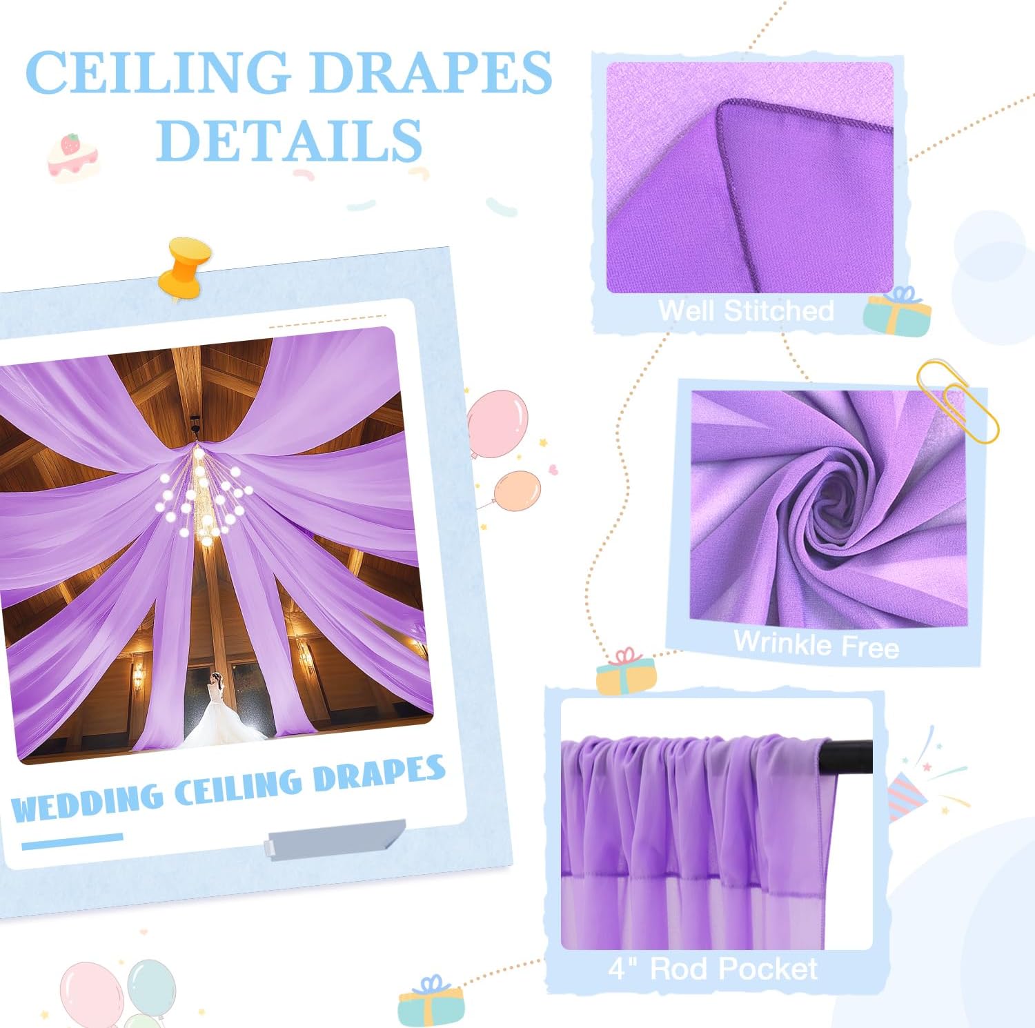 Ceiling Drapes Hanging Kit with Chiffon Wedding Ceiling Drapes Lavender Arch Draping Fabric Sheer Chiffon Wedding Drapery Ceiling Curtains and Metal Ceiling Hoop Hardware Kit for Ceremony Party Decor