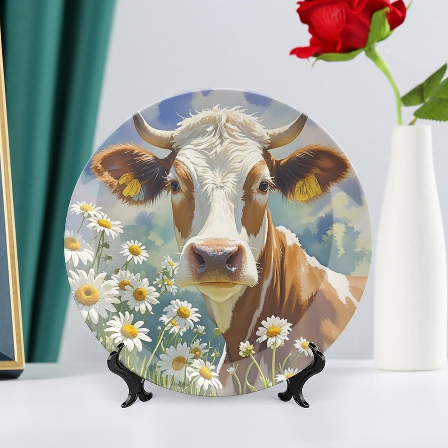 Watercolor Cow And Daisy Flower Ceramic Plate 10inch Decorative Bone China Wall Hanging Ornament Plates Bohemian Style Dinner Plate with Display Stand Cabinet Display Plates for Home Art Decor