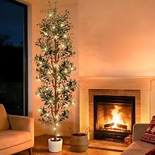 NZQXJXZ Artificial Olive Tree 7FT-Large Faux Olive Trees Indoor with White Planter & Basket and Lights, Tall Fake Olive Plants Silk Tree with Branches and Fruits for Christmas Home Decor Office