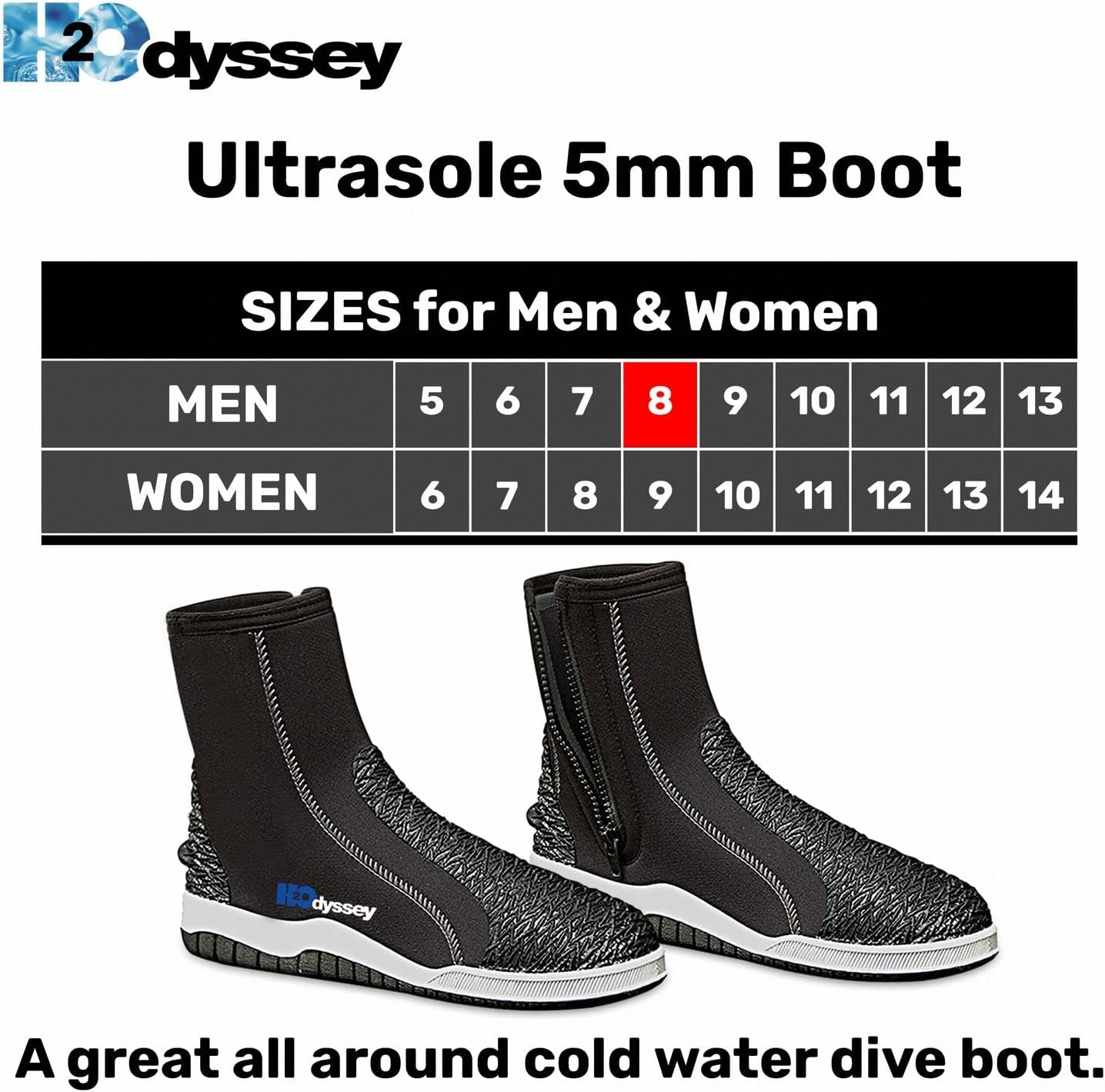 H2ODYSSEY Ultrasole 5mm Boot - Water Sports and Diving Shoes - with Extra High Ankle & Anti Slip Traction Sole