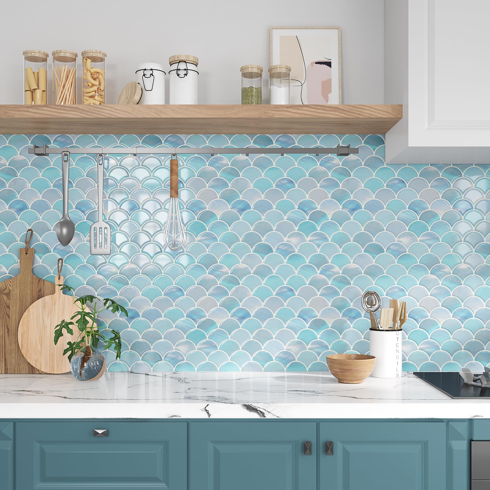 VEELIKE Piastrelle in ceramica iridescenti, con squame di pesce blu iridescente, per piastrelle da parete della cucina, stacca e attacca, impermeabili, 12 fogli autoadesivi in ceramica per bagno, 30,5