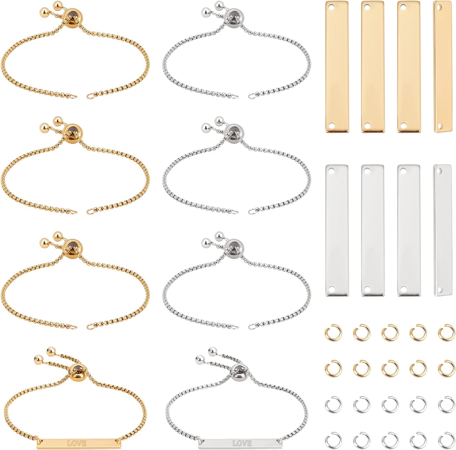 UNICRAFTALE 2 Colors 8Set Engravable Bracelets DIY Kit Including Rectangle Engravable Blank Tags Links Connectors 24cm 304 Stainless Steel Slider Bracelet 4mm Open Jump Rings for Bracelets Making