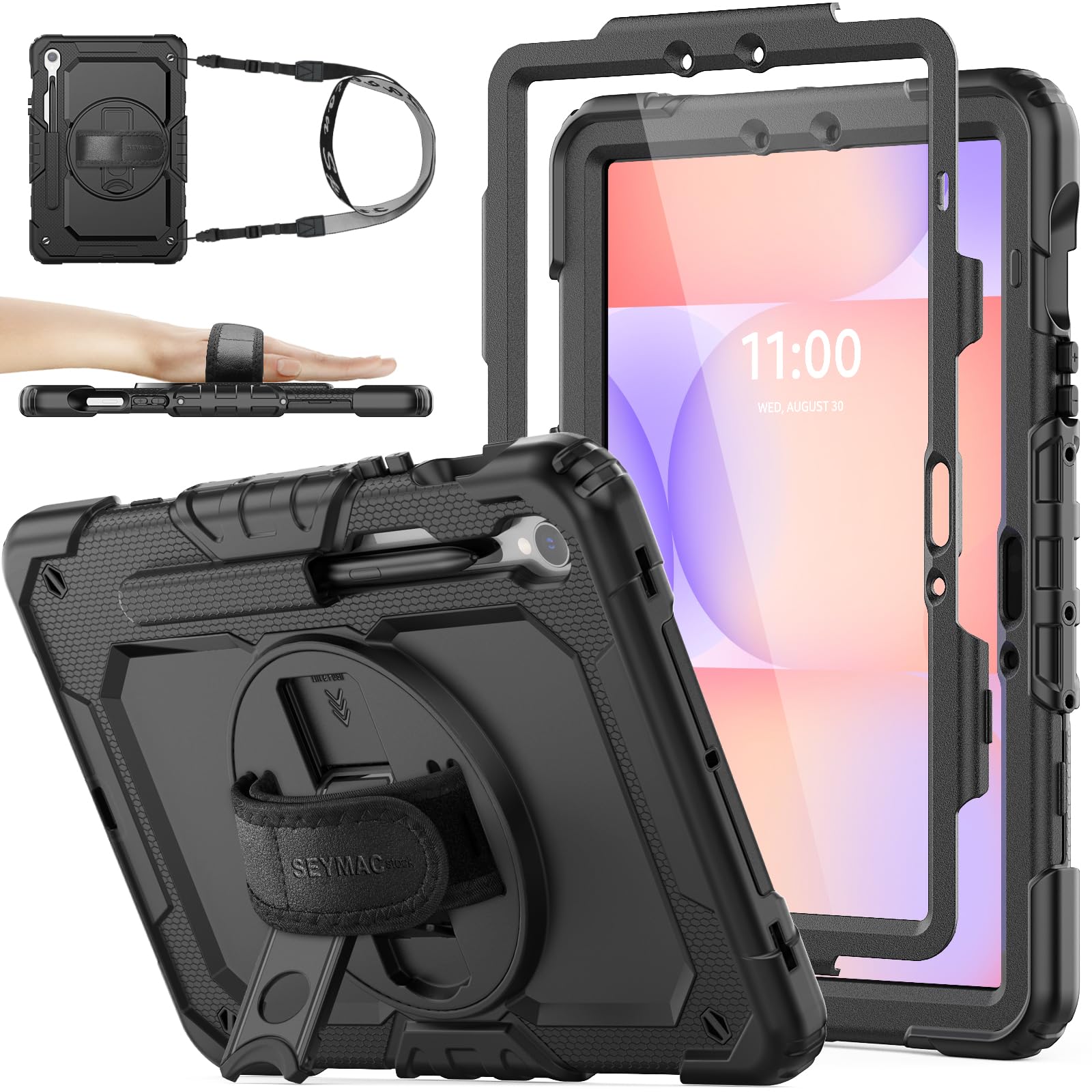 SEYMAC stock Samsung Galaxy Tab S10 FE/S9/S9 FE 5G Case, Shockproof, Horizontal Kickstand with Protective Film Frame, Shoulder Strap, Pen Storage, Full Protective Cover (Black)