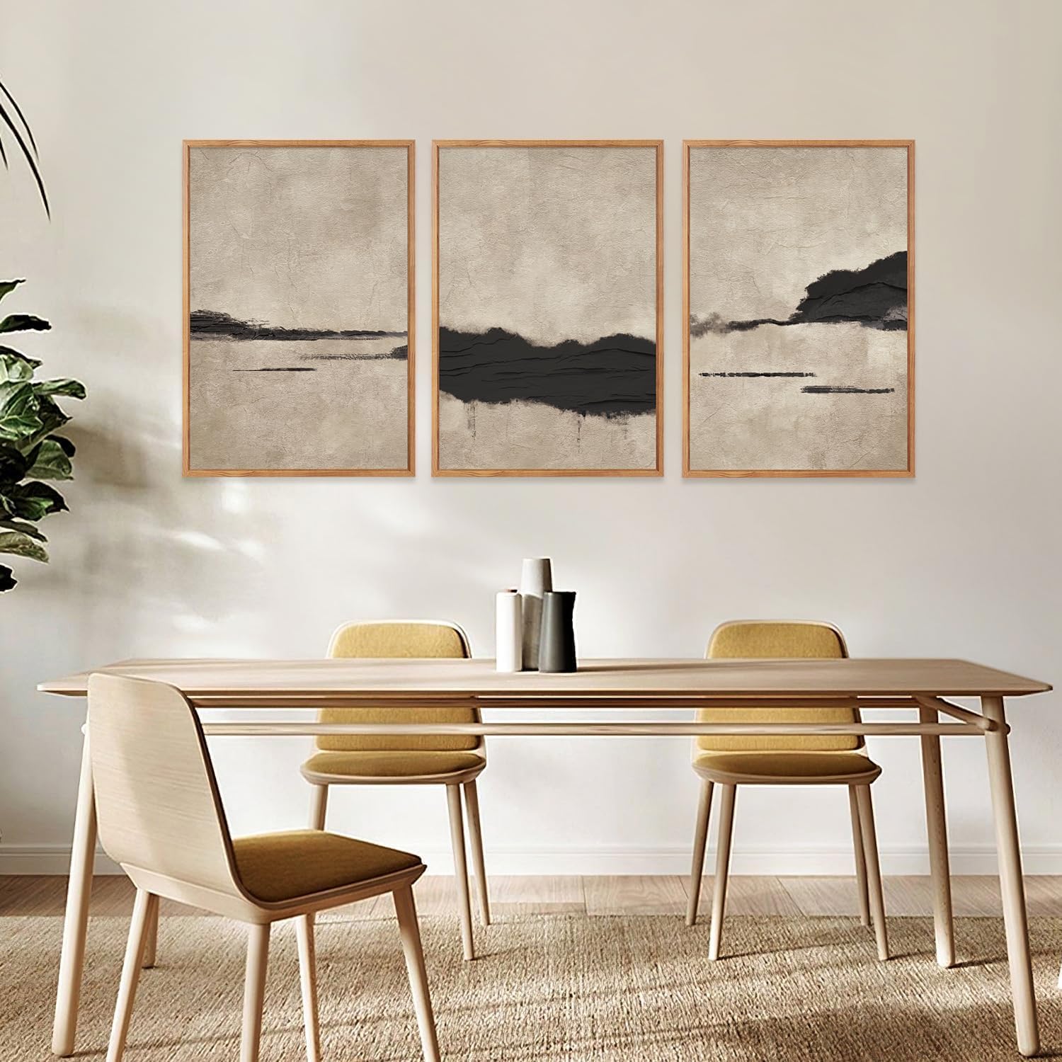 Large Abstract Black and Tan Framed Canvas Wall Art,Vintage Minimalist Wall Decor,Neutral Brush Stroke Artwork,Modern Textured Art Print for Living Room,Bedroom,Office- 24"x36"x3