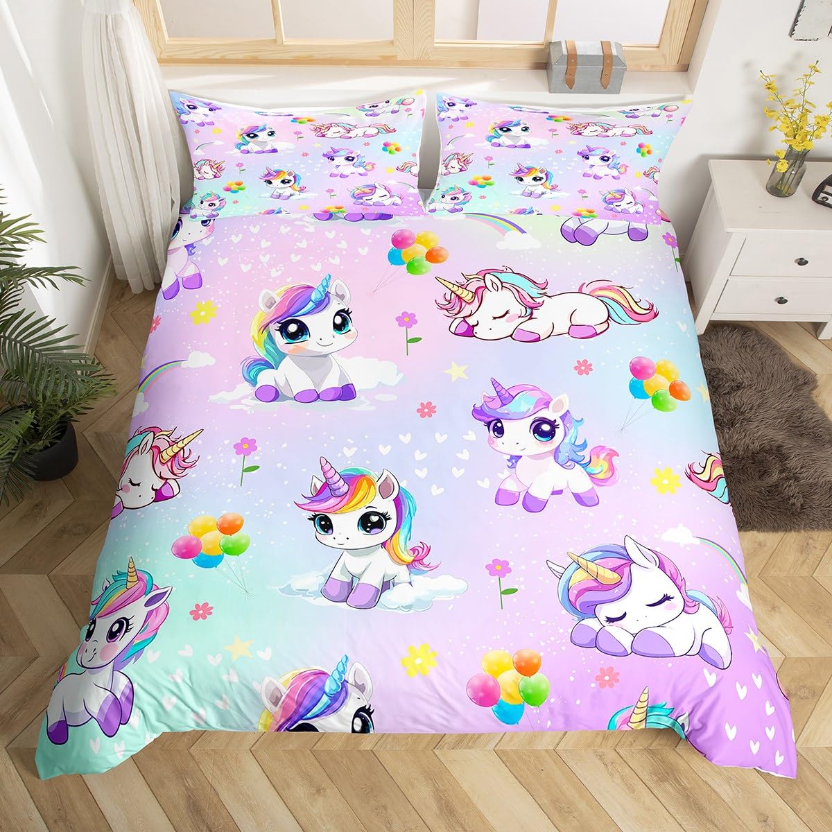 Housse de couette licorne kawaii lit simple motif cœur et ballons