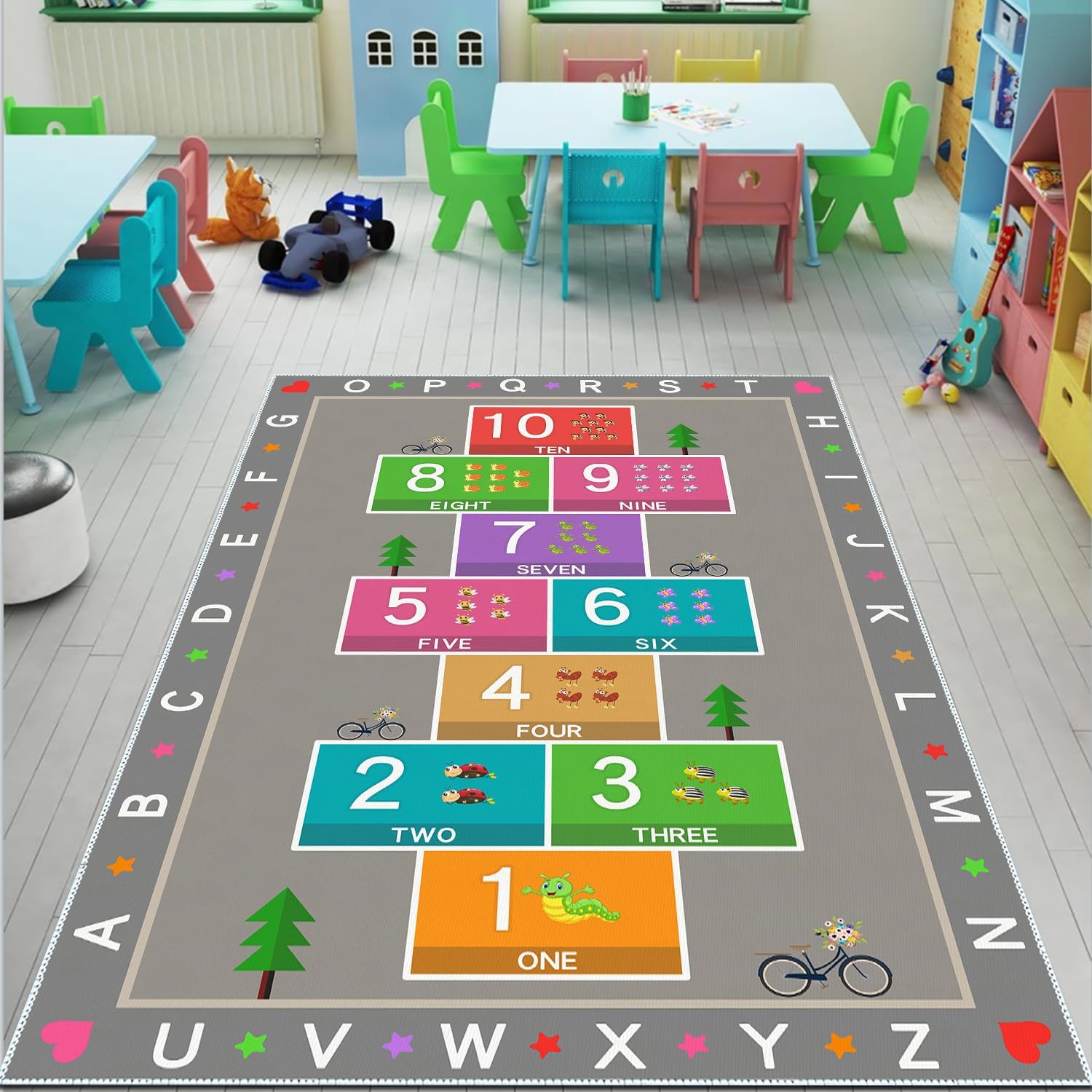 Hopscotch Play Rug Carpet for Kids, ABC Alphabet Number Educational Rug, Children's Counting Game Mat for Playroom, Classroom, Bedroom and Nursery (Grey, 47x71 in)