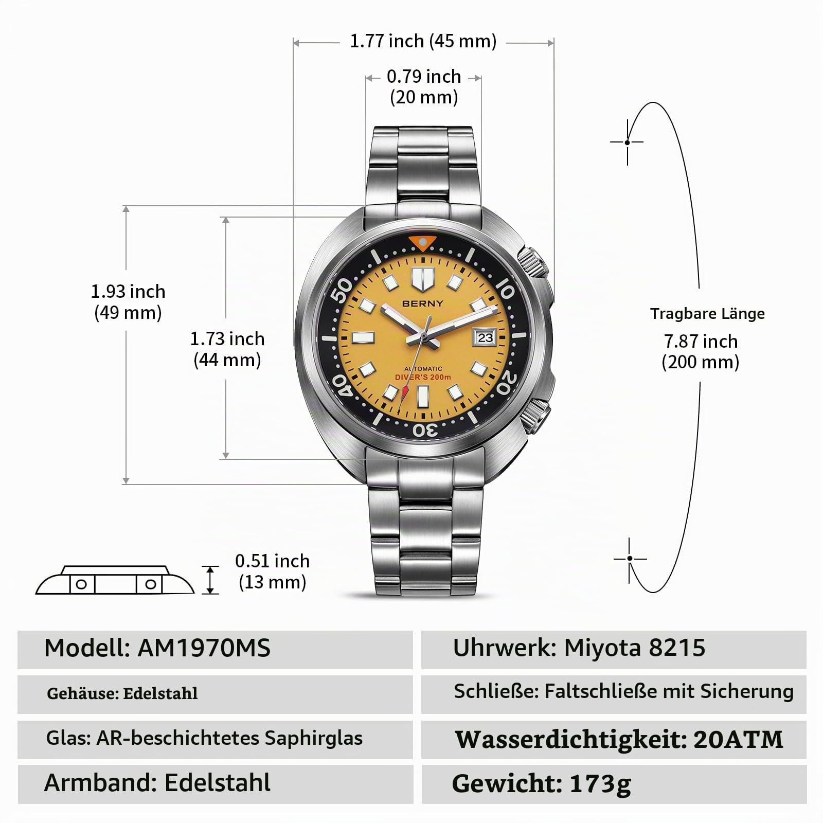 BERNY Automatische Herrenuhr Tauchuhr 20ATM Wasserdicht Herrenanaloge Mechanische Armbanduhr mit Superluminisierter Voll Edelstahl AR-Koating Saphirglas Mode Tauchuhr Geburtstagsgeschenk