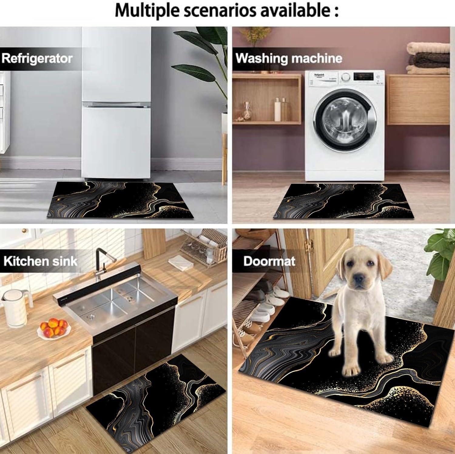 MUGINYU Black Gold Bathroom Rugs Sets 3 Piece Abstract Bath Mat Thin Rubber Diatomaceous Earth Quick Dry Rugs Water Absorbent Floor mat with U-Shaped Contour Toilet Mat Bath for Bathroom Decor