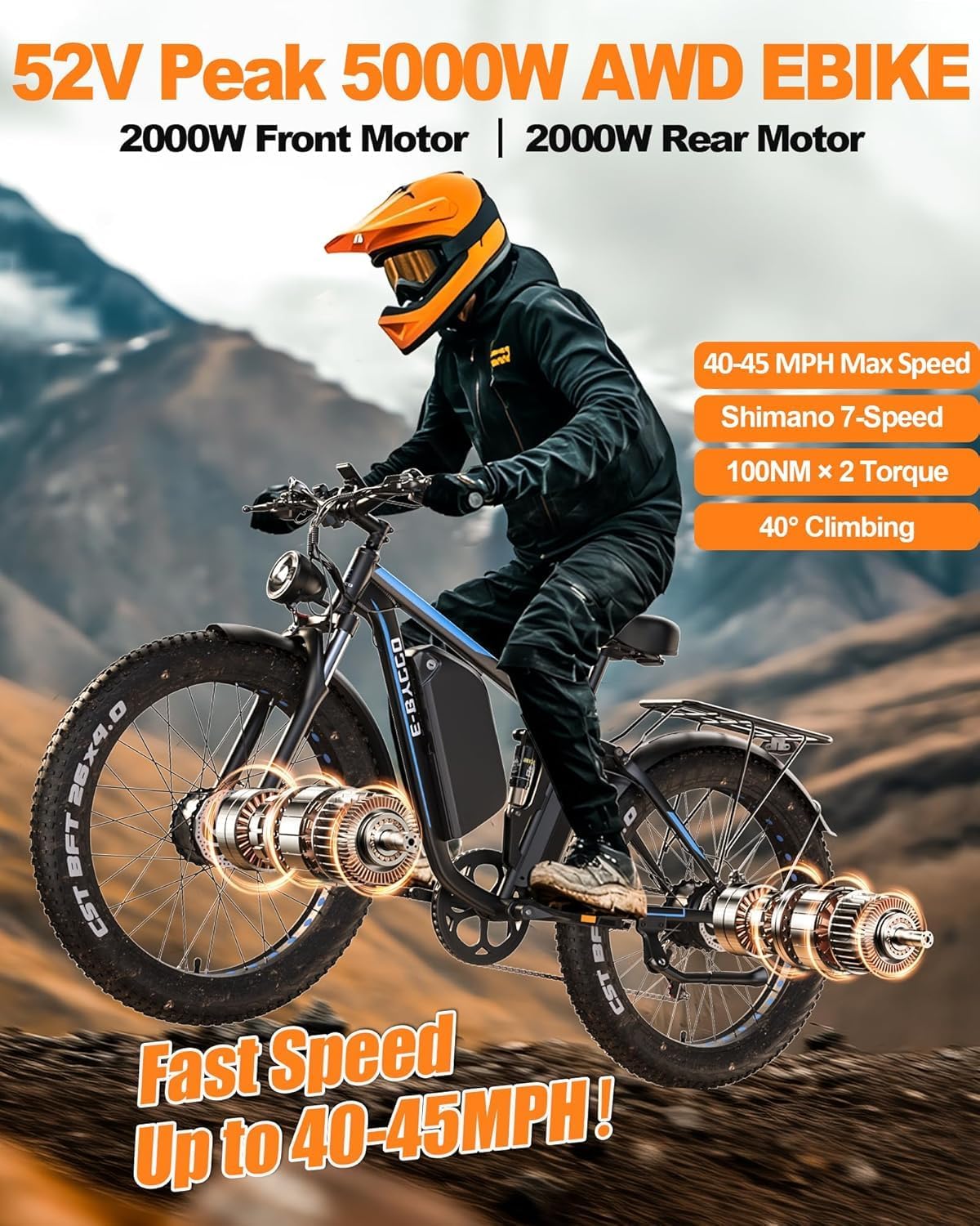 E·Bycco 6000W Peak Dual Motor Electric Bike for Adults, 52V 32AH, Max 45MPH&100Miles, Full Suspension, Hydraulic Brake, Fat Tire Snow Off-Road Commuter Mountain Fast E-Bike