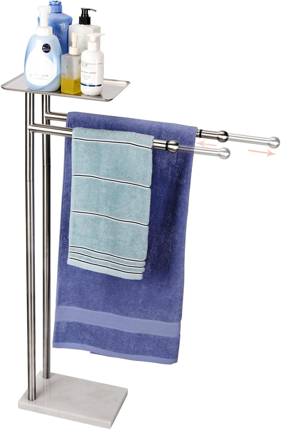 Standing Towel Rack with Weighted Marble Base, Towel Rack Stand with Shelf, 2-Tier Towel Racks for Bathroom, Multiple Spaces Stainless Steel Brushed Finish