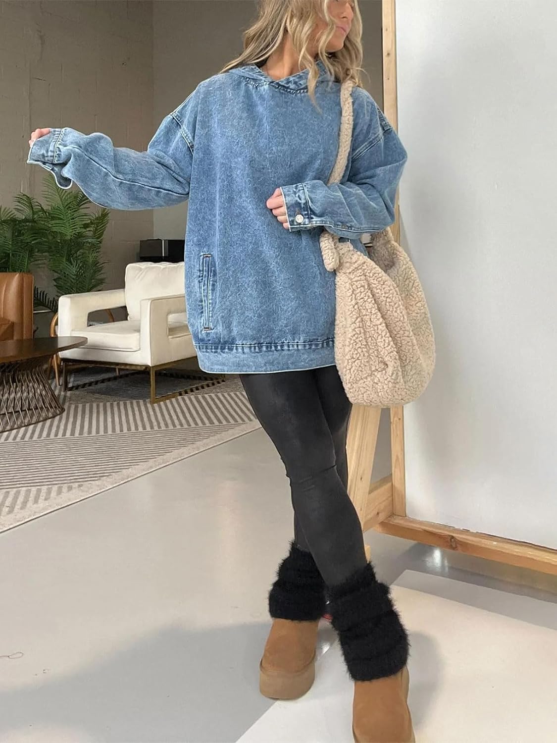 ebossy Women's Spring Fall Boyfriend Denim Hoodies Casual Loose Long Sleeve Jean Sweatshirts with Pockets