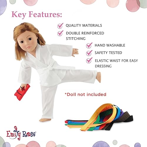 Miniatura 4 de Emily Rose Ropa de muñeca de 18 pulgadas, juego de regalo de artes marciales de Karate Taekwondo, incluye 9 accesorios de cinturones de colores y