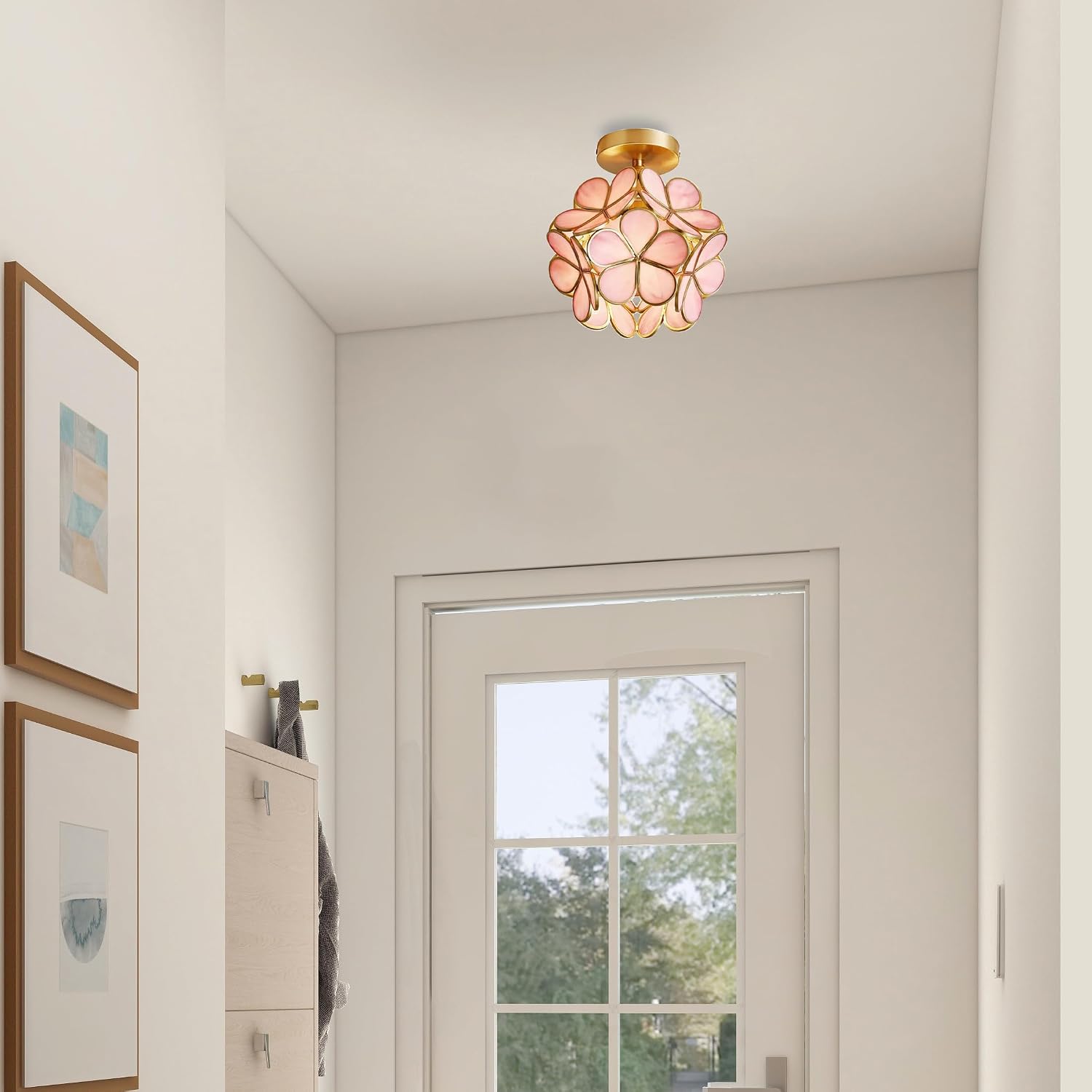 Flower Ceiling Light Fixtures, Cute Stained Glass Flush Mount Lamp, Small Semi Flush Mount Light for Hallway, Entryway