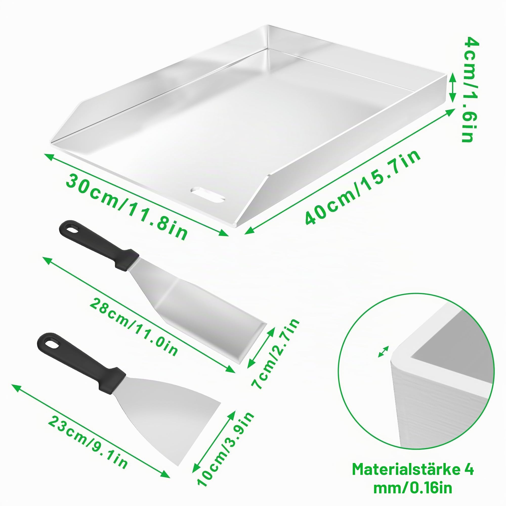 Edelstahl Grillplatten 40x30x4cm Plancha Grillplatte Set mit Grillspachtel, BBQ Feuerplatte aus 4mm Dicke Massive Blech Universal Grillblech, Grillplancha für Gasgrill Kohlegrill Induktiongrill