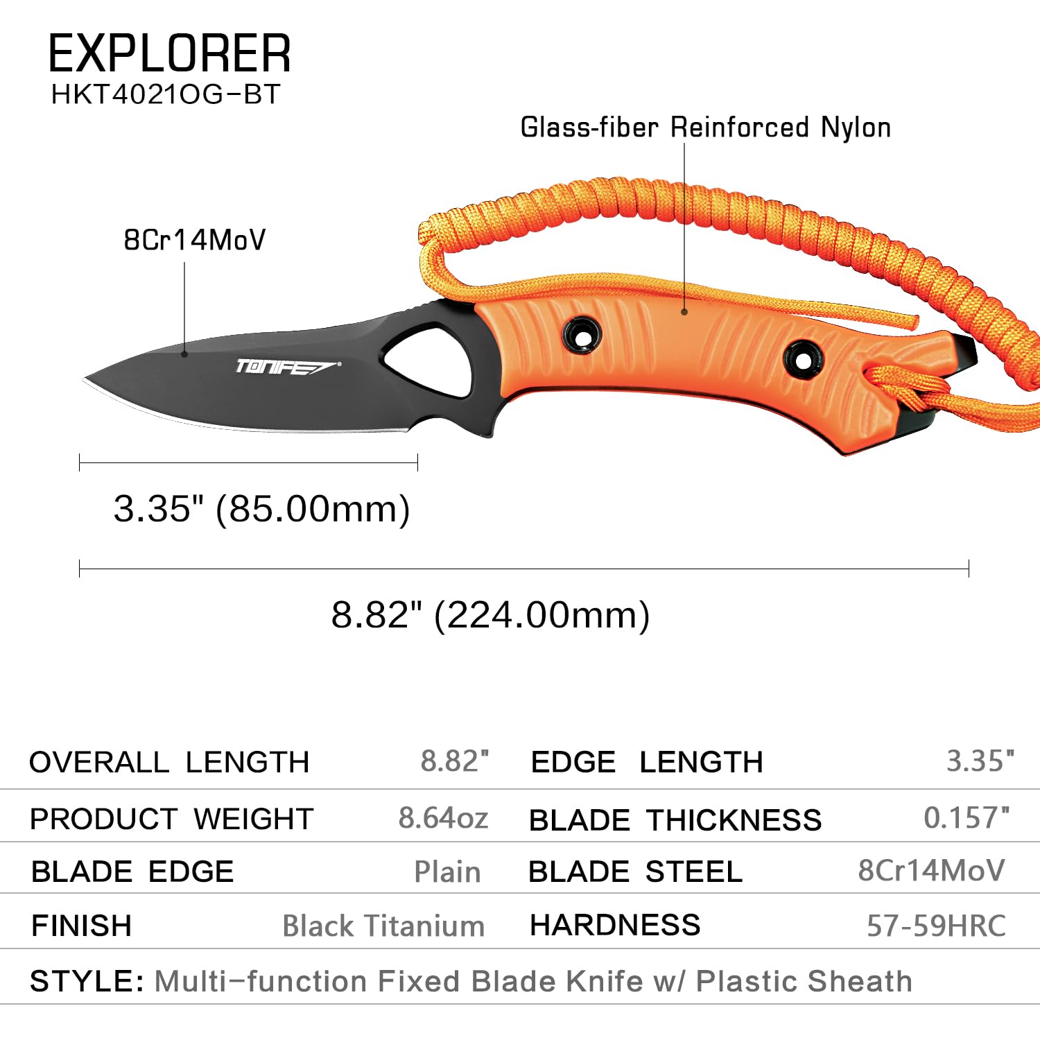 TONIFE Explorer Couteau à Lame Fixe avec Gaine 8cr14mov Lame Couteau de Survie Multifonctionnel Manche en Nylon Renforcé de Fibre de Verre pour Couteau EDC Extérieur(Orange+Noir Titane)