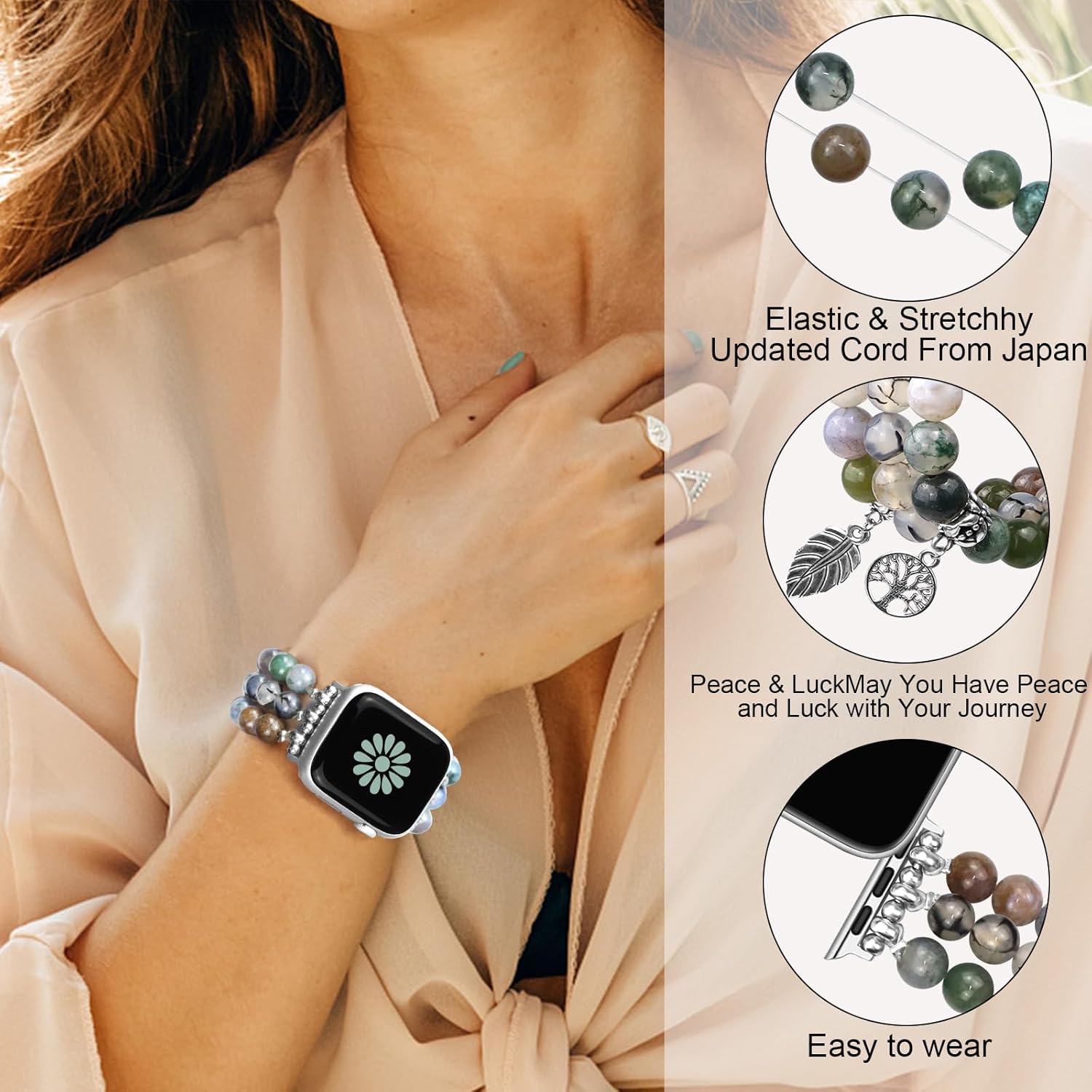 Natural Stone Bracelet Beaded-Bands Women Compatible with Apple Watch 38mm 40mm 41mm 42mm (S10/11) Feminine Cute Handmade Stretch Strap for iWatch Series 11/10/9/8/7/6/5/4/3/2/1 SE 3/2/1 - Image 6