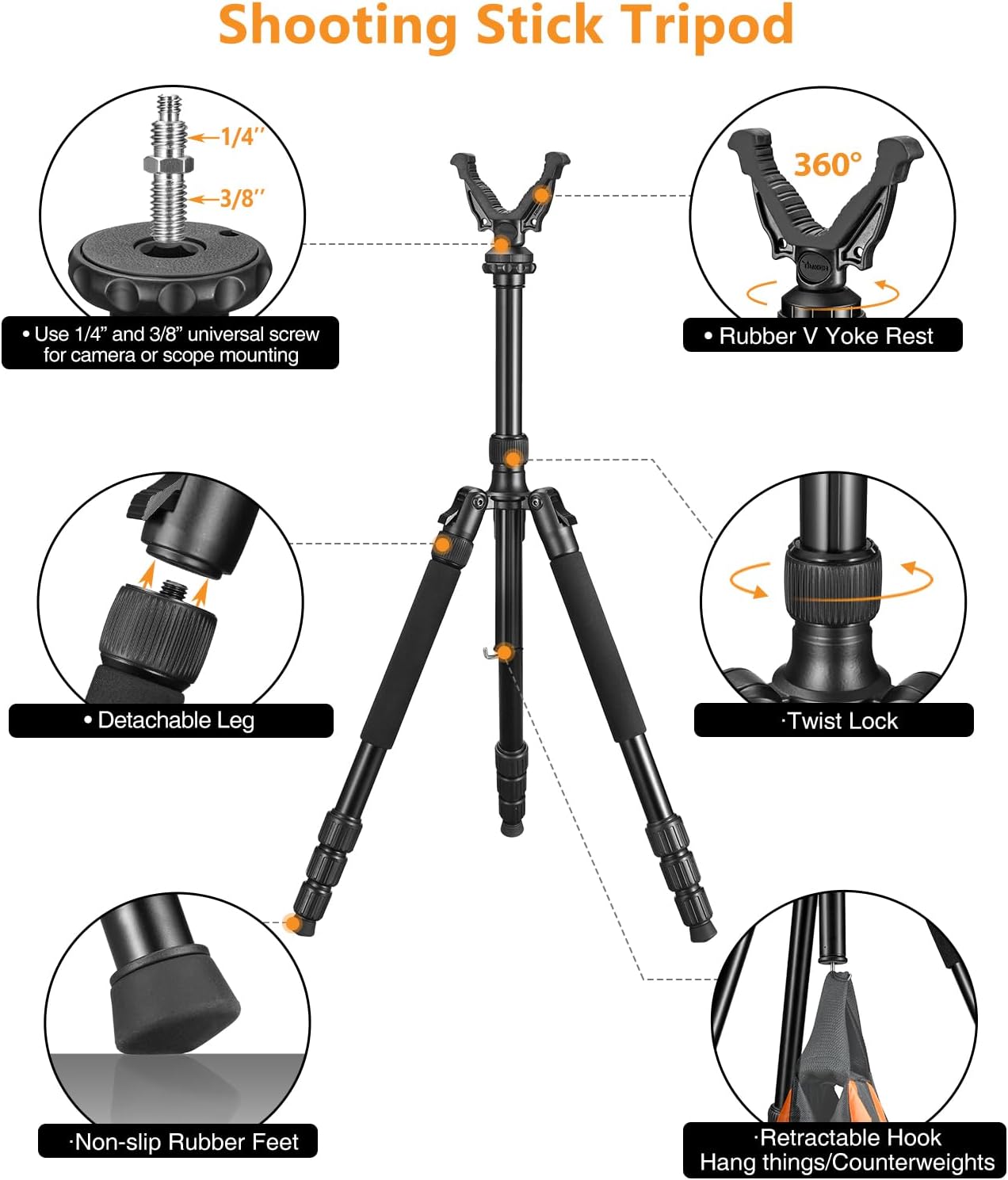 3-in-1 Shooting Stick Hunting Tripod Stand Shooting Tripod Gun Rifle Rest with Height Adjustment Center Column,Shooting Monopod Bipod Tripod with V Yoke for Hunting Shooting and Outdoor - Image 5