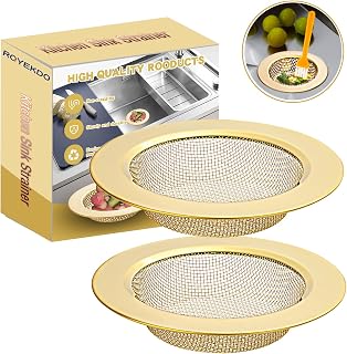 RQYEKDO 4.4" Kitchen Sink Strainer Stainless Steel Fine Mesh Drain Filter | wide rim 2 pack replacement strainer fits standard kitchen sinks garbage disposals food catching gold finish