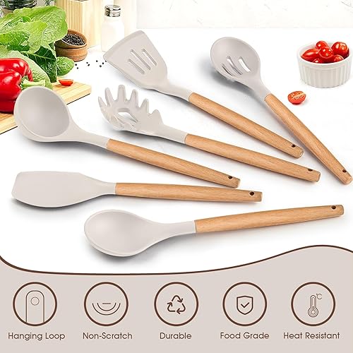 Miniatura 3 de E-far Juego de 6 utensilios de cocina de silicona con mango de madera, utensilios de cocina antiadherentes y resistentes al calor, incluye