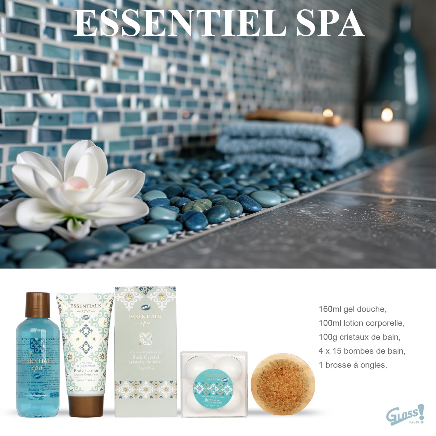 GLOSS ! Set de baño ESSENTIEL SPA – Set de belleza – Productos de baño y bienestar – Set de regalo original para mujer, cumpleaños, Navidad, profesora, San Valentín, Día de la Madre - COFFRET