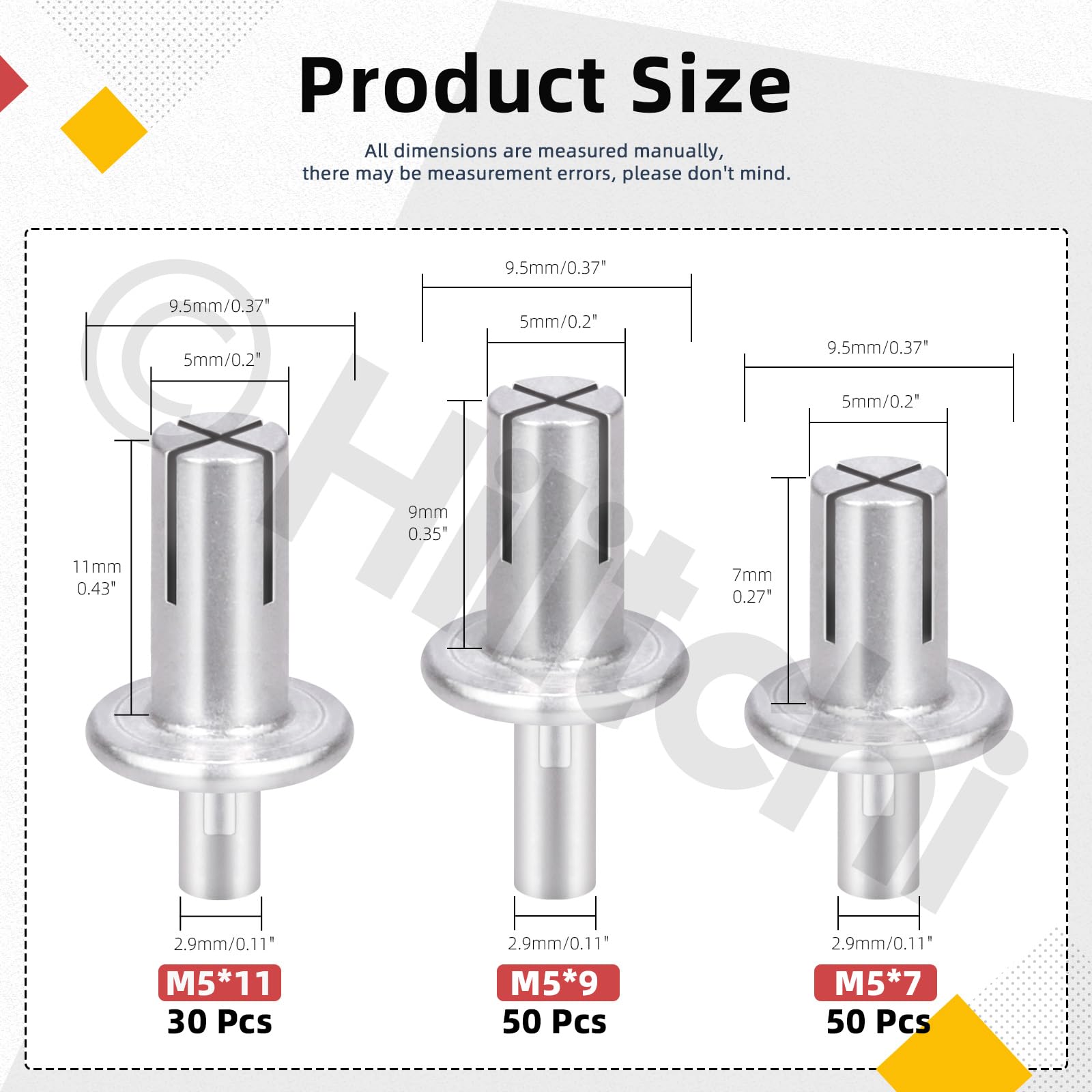 Hilitchi 130Pcs M5 x 7mm 9mm 11mm Aluminum Core Rivets with Semi Round Head, Hammer Drive Rivets Knock Type Aluminum Rivets Semi Round Head Expansion Aluminum Rivets for Households Mechanical Devices