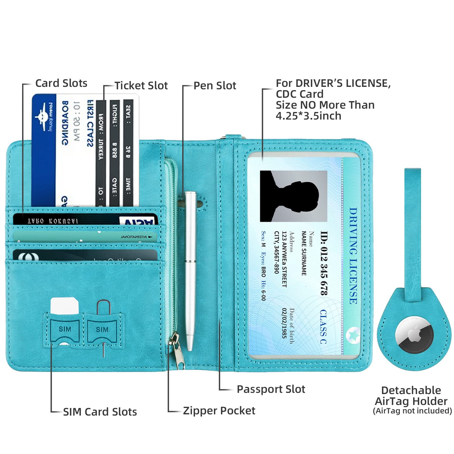 Soporte para pasaporte AirTag, de piel sintética, con bloqueo RFID, funda para pasaporte, artículos esenciales de viaje para mujeres y hombres, Azul/claro, Soporte para pasaporte con bloqueo 2
