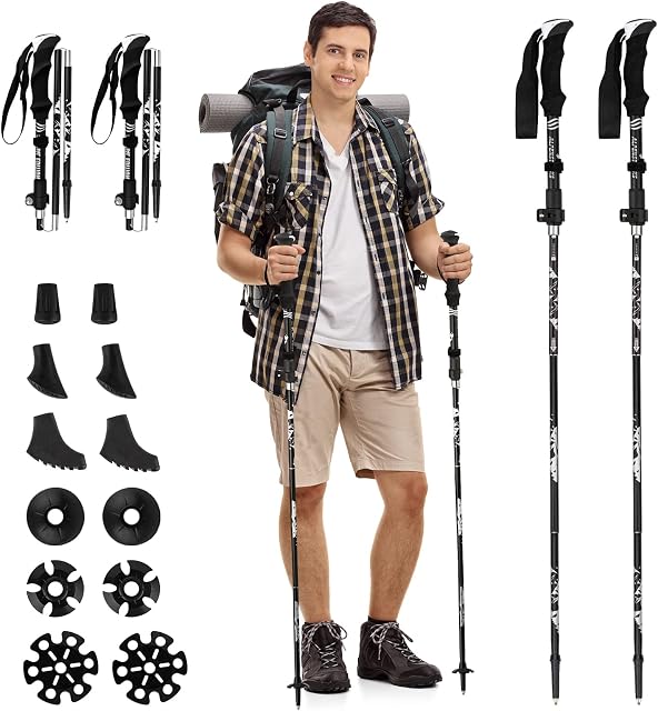 HassoKon Walking Poles, 2 Pack Collapsible Lightweight Telescopic Aluminum Trekking Poles with Quick Lock System, Walking Sticks for Hiking, Camping, Mountaining, Backpacking, Trekking