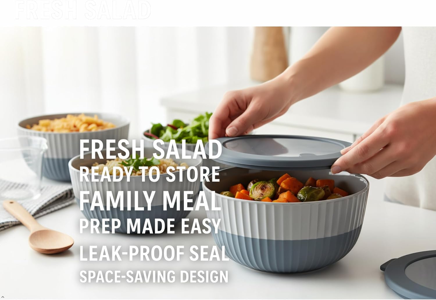 Mixing Bowls with Lids, 8-Piece Airtight Leak-Proof Nesting Plastic Bowl Set for Kitchen & Food Storage, Large 4200ml Capacity, BPA-Free, Microwave & Dishwasher Safe - Image 3