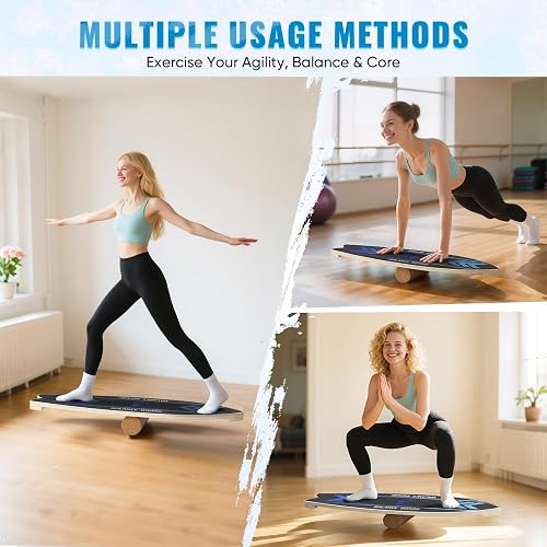 STYPLZ Planche d'Équilibre en Bois Antidérapante avec Rouleau en Liège, Charge Max 200KG, Planche de Balance pour Surf, Fitness et Musculation, 75x28x3 cm, Portable pour Adulte - 6