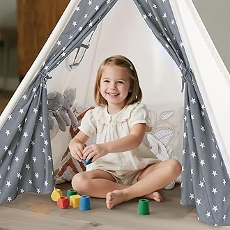 Teepee Tent for Kids Cotton Canvas Play Tent with Mat Slumber Party， Foldable Indoor Tent for Boys & Girls, Gift Set with Star Lights, Banner & Carry Bag, Stars Design