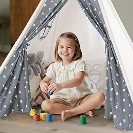 Teepee Tent for Kids Cotton Canvas Play Tent with Mat Slumber Party Foldable Indoor Tent for Boys & Girls, Gift Set with Star Lights, Banner & Carry Bag, Stars Design