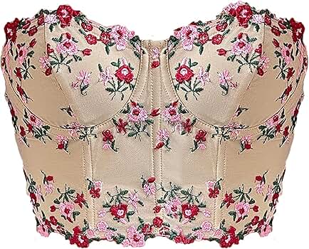 Women Floral Embroidery Bustier Bra Tank Top Crop Top Mesh