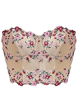 Women Floral Embroidery Bustier Bra Tank Top Crop Top Mesh