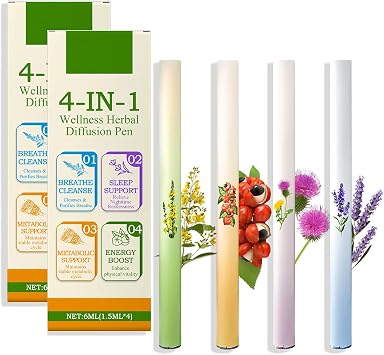 4Pcs Herbal Diffuser Pen,4-in-1 Herbal DiffuserPen,100% Natural Mullein Diffuser Pen,Flavoured Air Inhaler, Breathing Aid & Oral Freshening 2Box