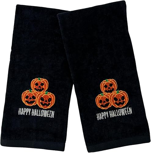 Miniatura 20 de Juego de 2 toallas de baño de Halloween con diseño de familia fantasma espeluznante, color negro, suave, 100% algodón, 12 x 18 pulgadas, decoración