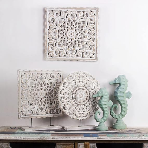 Wooden Wall Decor, Unique Hollow Carved Decorative Wooden Wall Panels 30x30cm Rustic Floral-Patterned Distressed White, Wall Art Sculpture Ornament for Home Hallway Living Room Cafe Office (square)