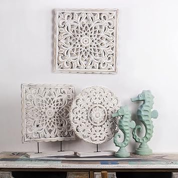 Wooden Wall Decor, Unique Hollow Carved Decorative Wooden Wall Panels 30x30cm Rustic Floral-Patterned Distressed White, Wall Art Sculpture Ornament for Home Hallway Living Room Cafe Office (square)