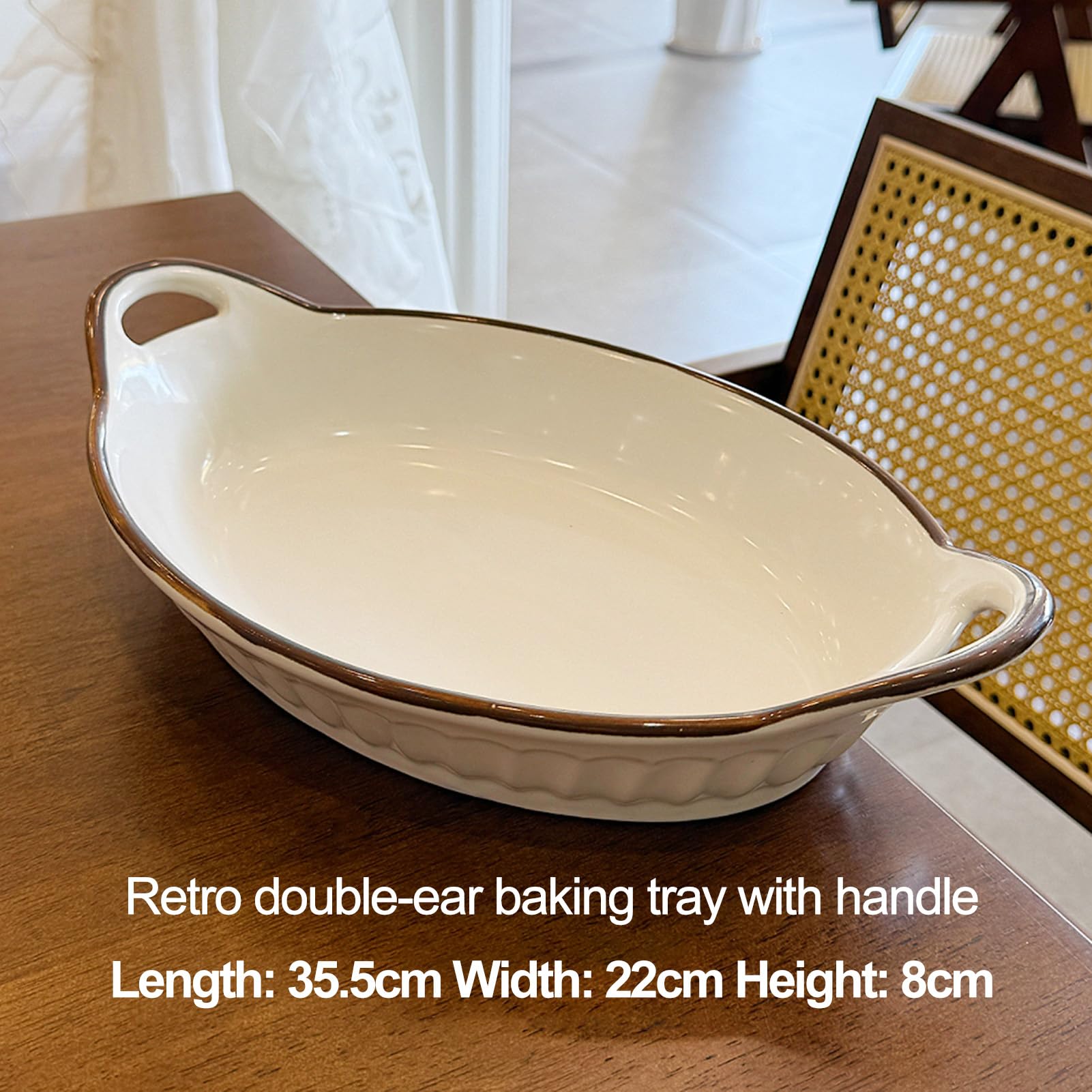 Dxcaicc Lasagne Dish Japanese White Lattice High-Grade Fruit Plate Home Oval Plate Super Large Fish Plate Double-Handled Literary Kiln Baking Tray Quantity Optional,1 Piece