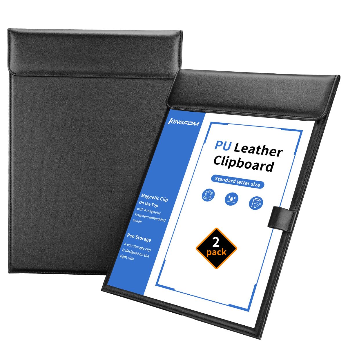 KINGFOM Cartellina portablocco da ufficio in pelle sintetica, con clip magnetica, formato A4, con portapenne, per infermieri, studenti, insegnanti, colore nero, confezione da 2