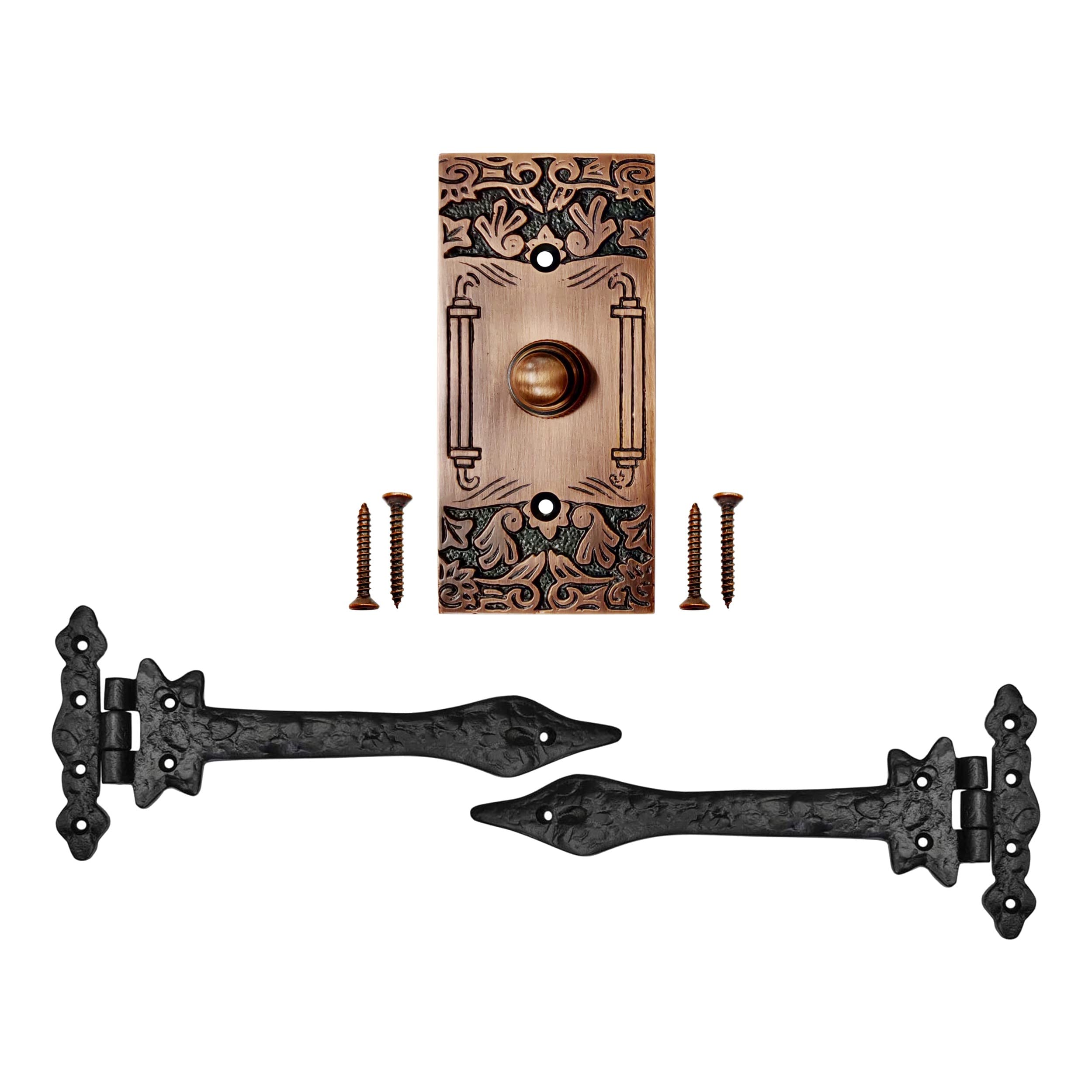 Akatva Doorbell Button with T Hinge Set – 2 Pieces Gate Hinges for Wooden Fences Heavy Duty – Bell Push Button – Doorbell Button Wired – Barn Hinges for Doors – Black Hinges – Antique Copper Finish