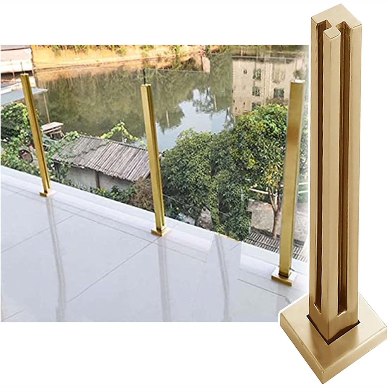 Garde-corps d'escalier intérieur en verre avec finitions dorées de luxe